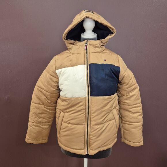 Tommy Hilfiger Kids' Hooded Colorblock Khaki Puffer Jacket | Boys M (10/12) - Picture 1 of 16